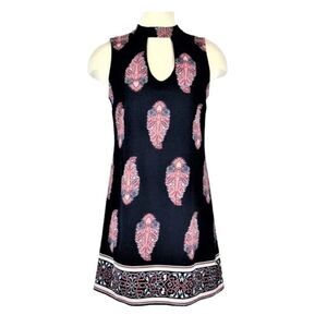 Sleeveless Dress High Neck Above the Knee Blue & Pink Paisley Women's Small